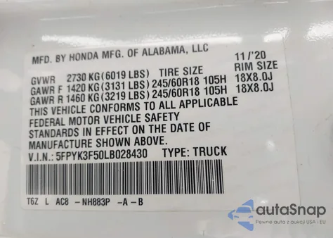 2020 Honda Ridgeline Awd Rtl из США, поврежденный, VIN 5FPYK3F50LB028430
